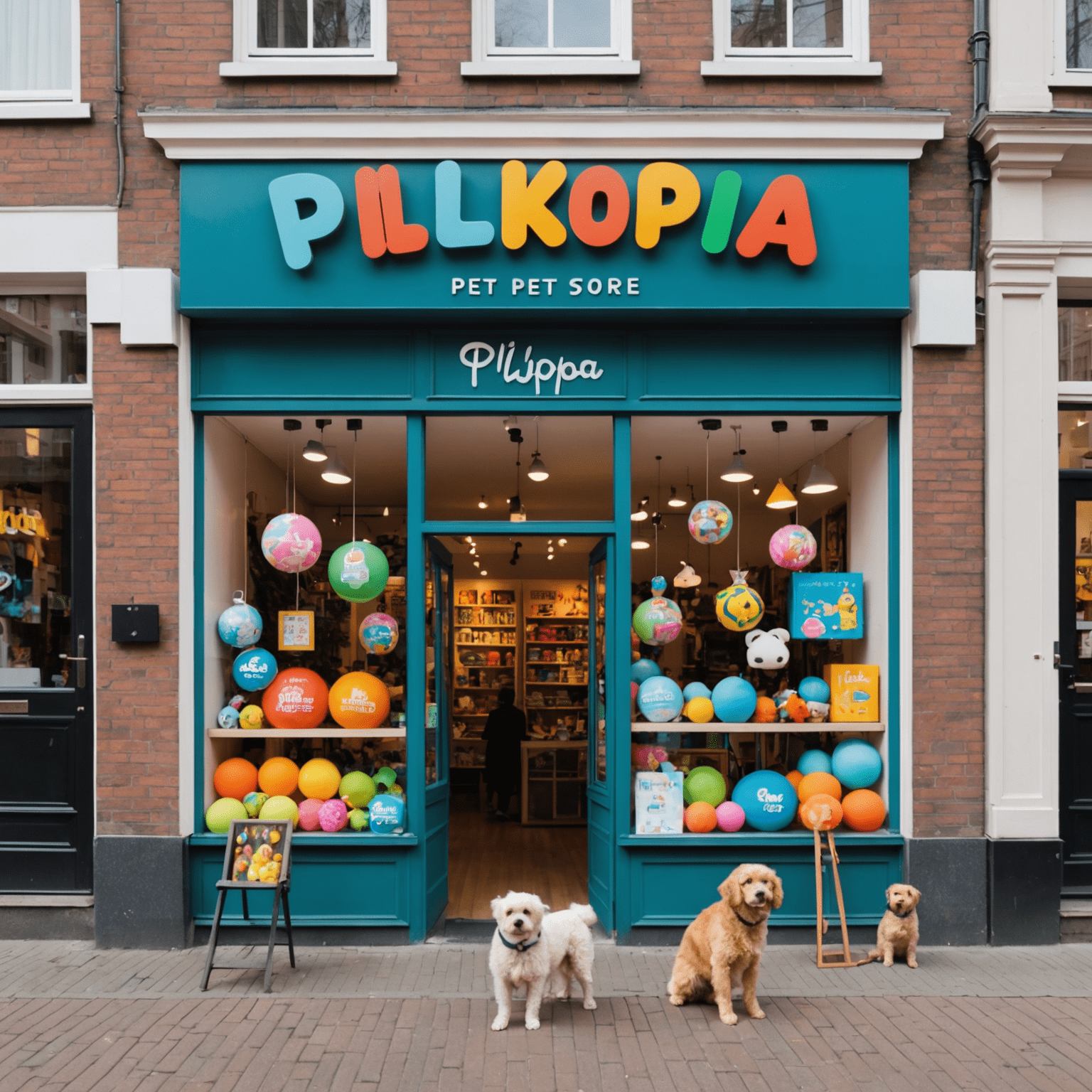 The exterior of Plikopa pet store in Amsterdam, featuring large windows displaying colorful pet toys and accessories. A sign above the door reads 'Plikopa' in playful, pet-themed lettering. Two people are visible entering the store, one holding a small dog.