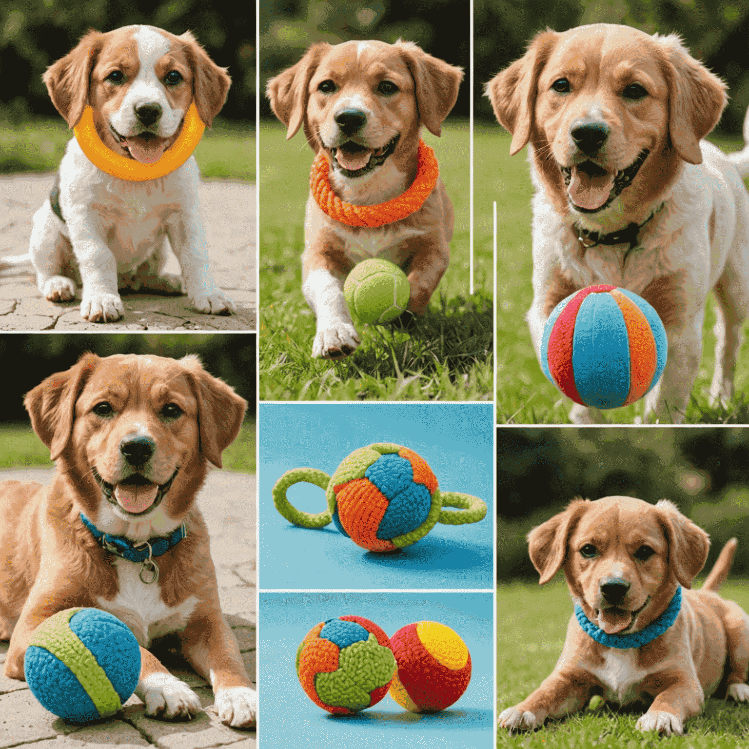 A collage of five different colorful and durable dog toys, including a rope toy, a rubber ball, a frisbee, a puzzle toy, and a squeaky plush toy. The image shows these toys being played with by various energetic dog breeds.