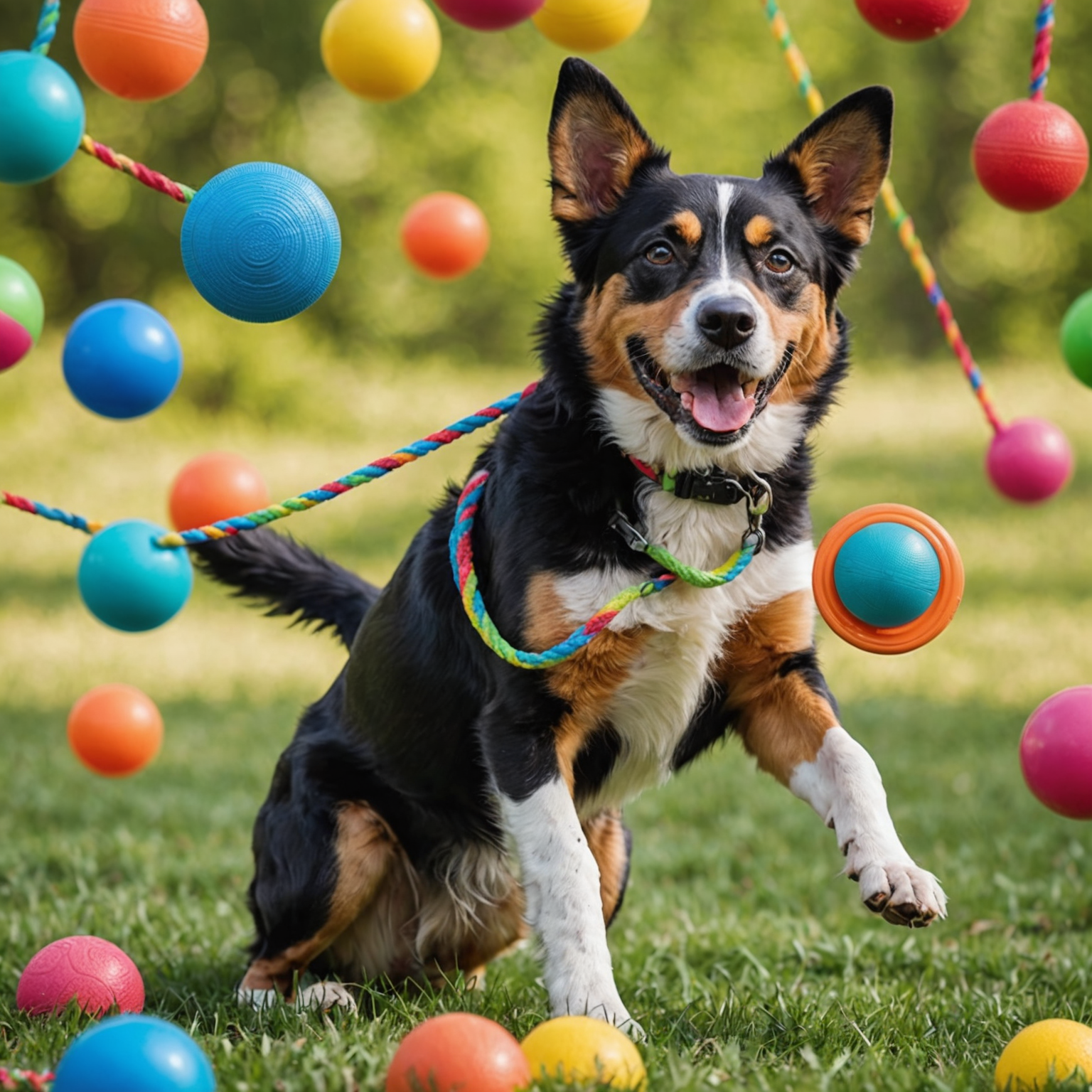 Energetic dog playing with various colorful toys including a frisbee, rope toy, and ball