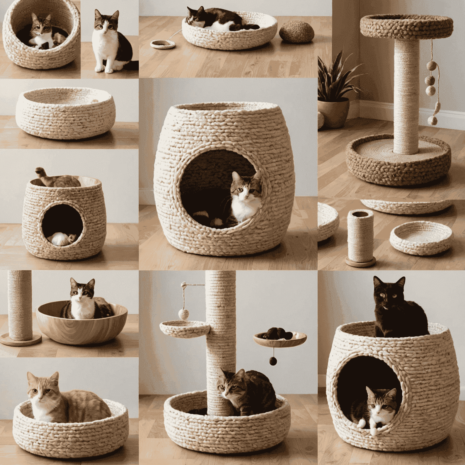 A collage of various cat accessories including a scratching post, cozy bed, interactive toys, and feeding bowls