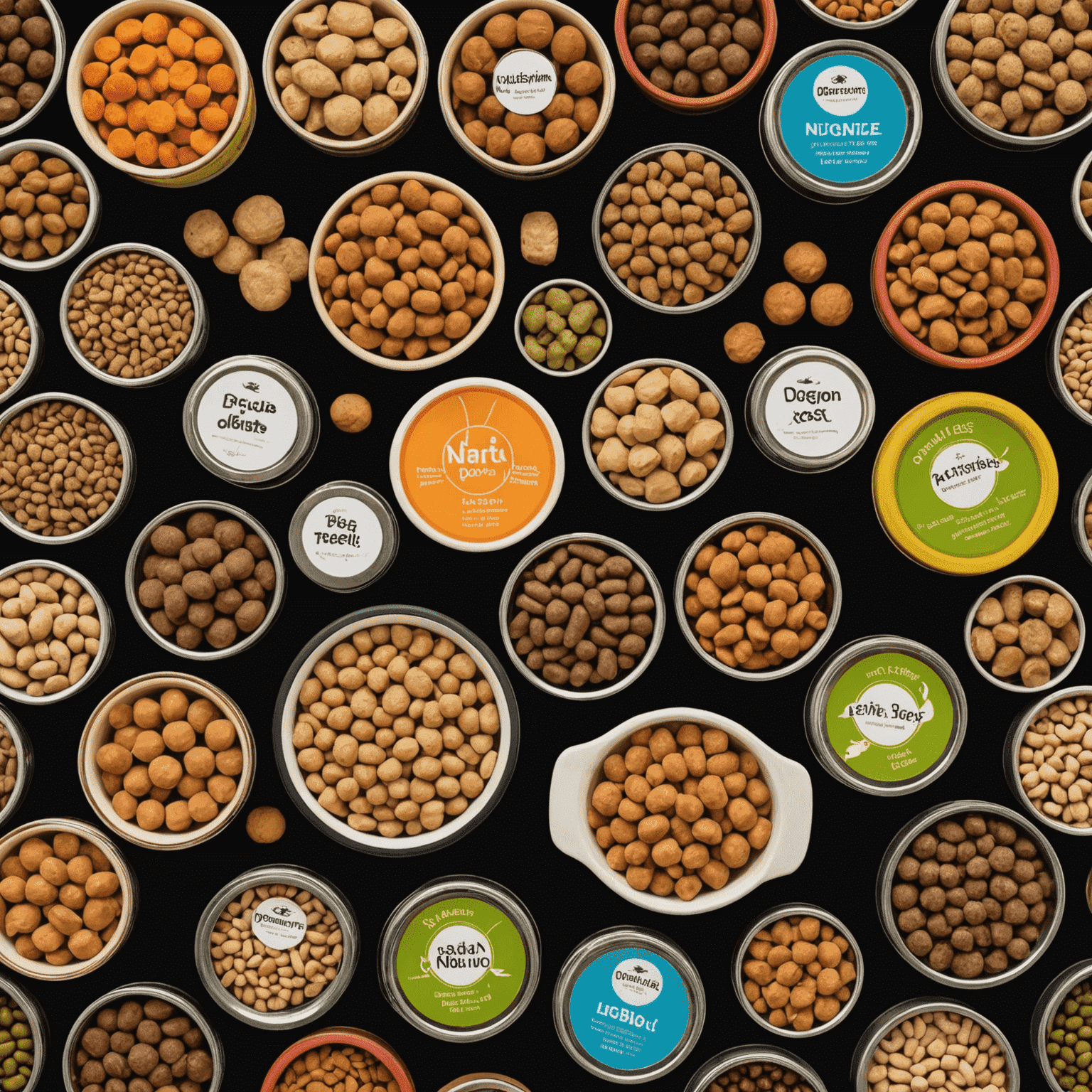 Various types of pet food displayed neatly, including dry kibble, wet food cans, and natural treats. A happy dog and cat are shown nearby, emphasizing the importance of proper nutrition for pets.