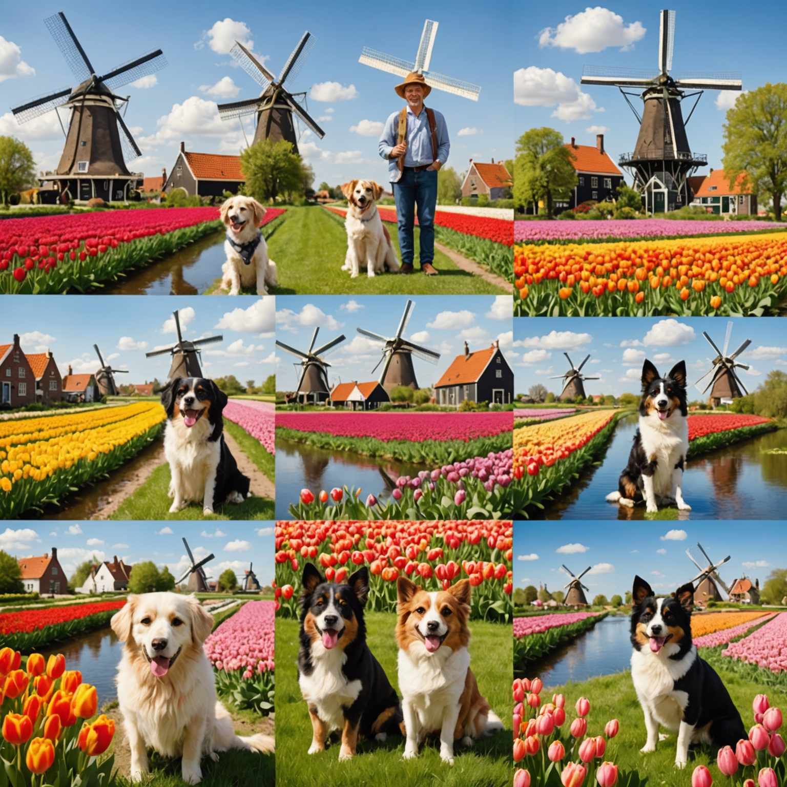 A collage of happy pets with their owners in a Dutch setting, featuring canals, windmills, and tulip fields in the background