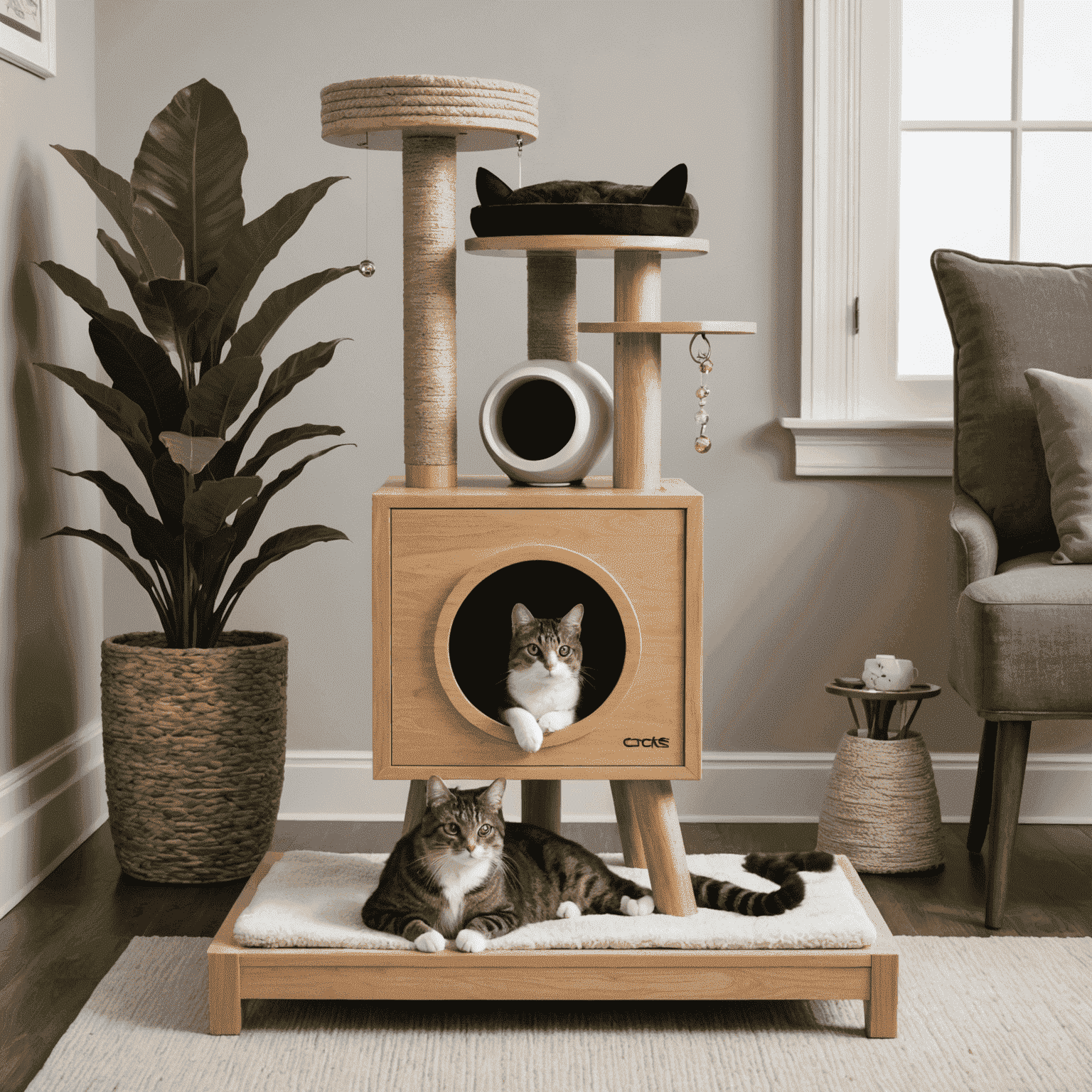 A stylish arrangement of essential cat accessories including a modern cat tree, a plush cat bed, interactive toys, a sleek water fountain, and a designer litter box. The image showcases these items in a cozy home setting with a cat lounging nearby.