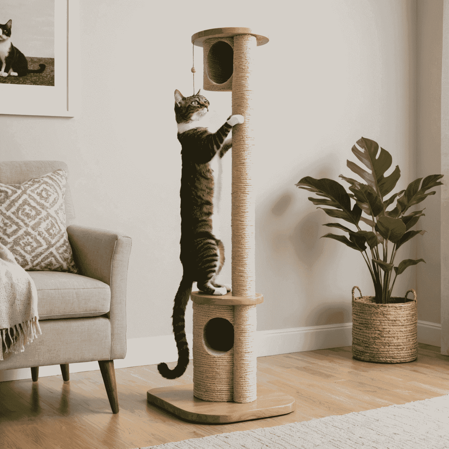 A tall, sturdy scratching post with a cat stretching up to use it