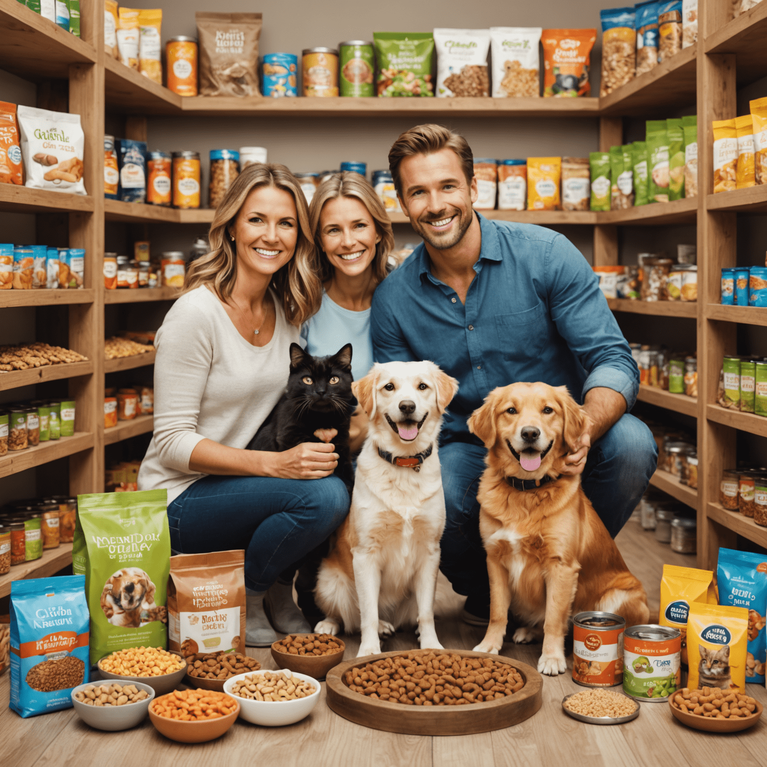 A happy family with their dog and cat, surrounded by a variety of pet food products from the store, emphasizing the joy of providing proper nutrition for pets.