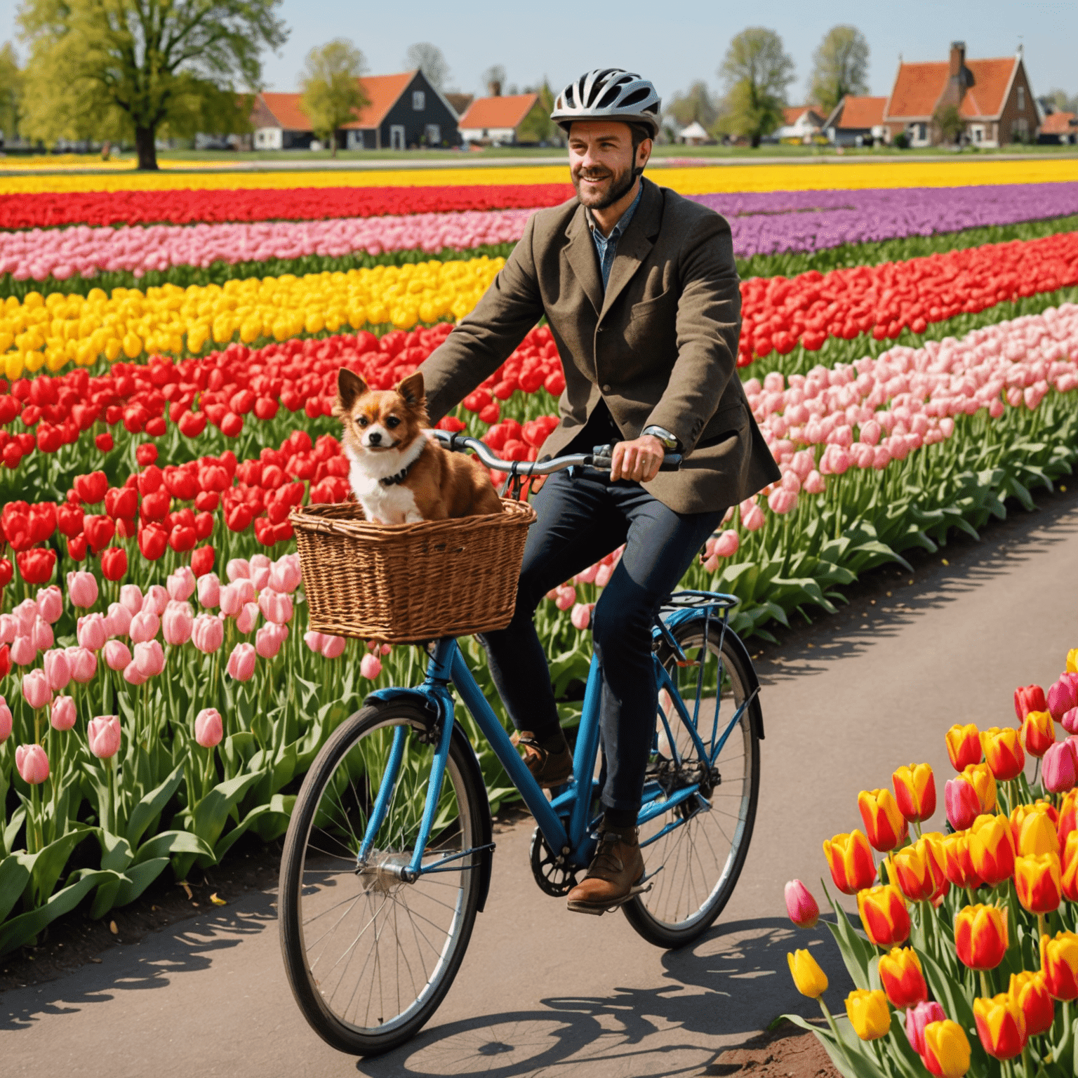 A Dutch cyclist riding a bicycle with a small dog in a front basket, passing by colorful tulip fields