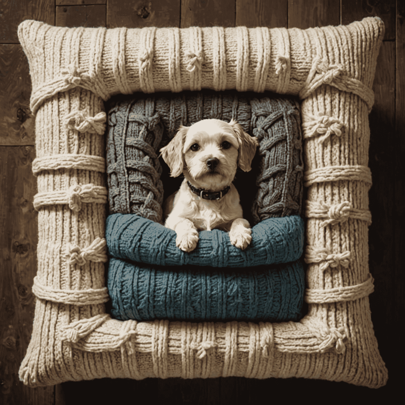 A comfortable pet bed made from an old sweater and pillows