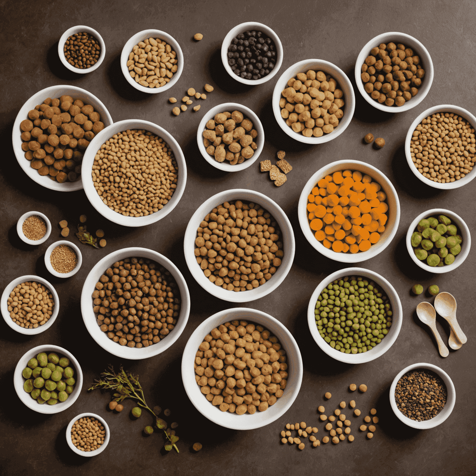 A composition of various pet food types including dry kibble, wet food, and fresh ingredients. The image features different bowls filled with nutritious meals for both cats and dogs, alongside some natural supplements and a chart showing balanced pet nutrition.