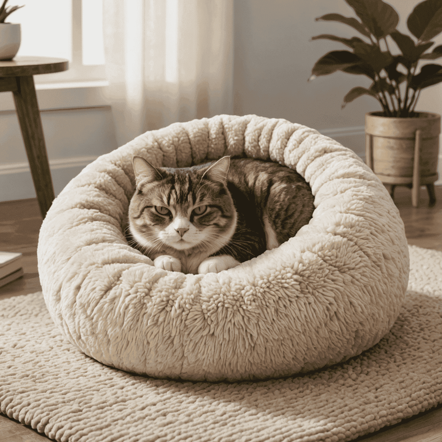 A plush, round cat bed with a sleeping cat curled up inside