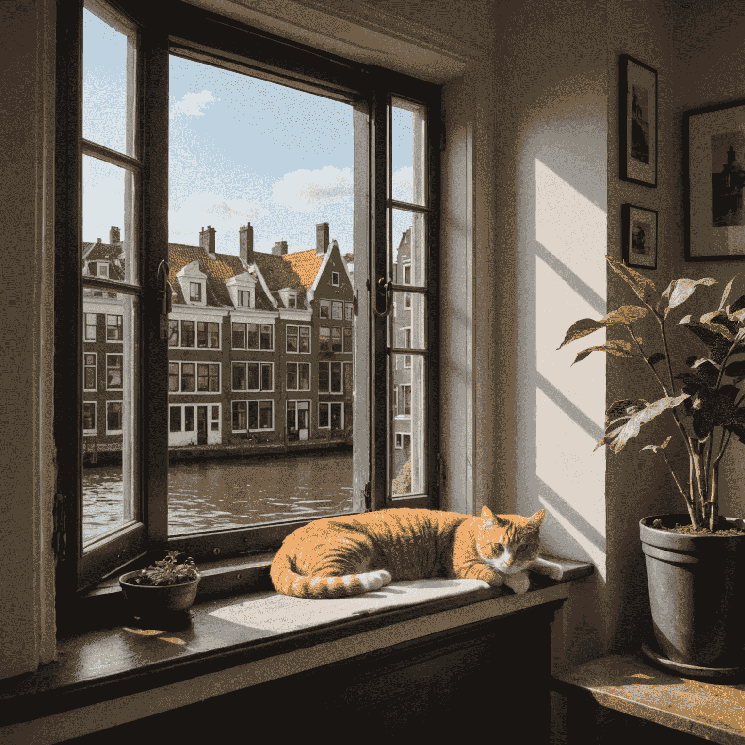 A cozy Dutch apartment interior with a cat lounging on a windowsill overlooking a canal