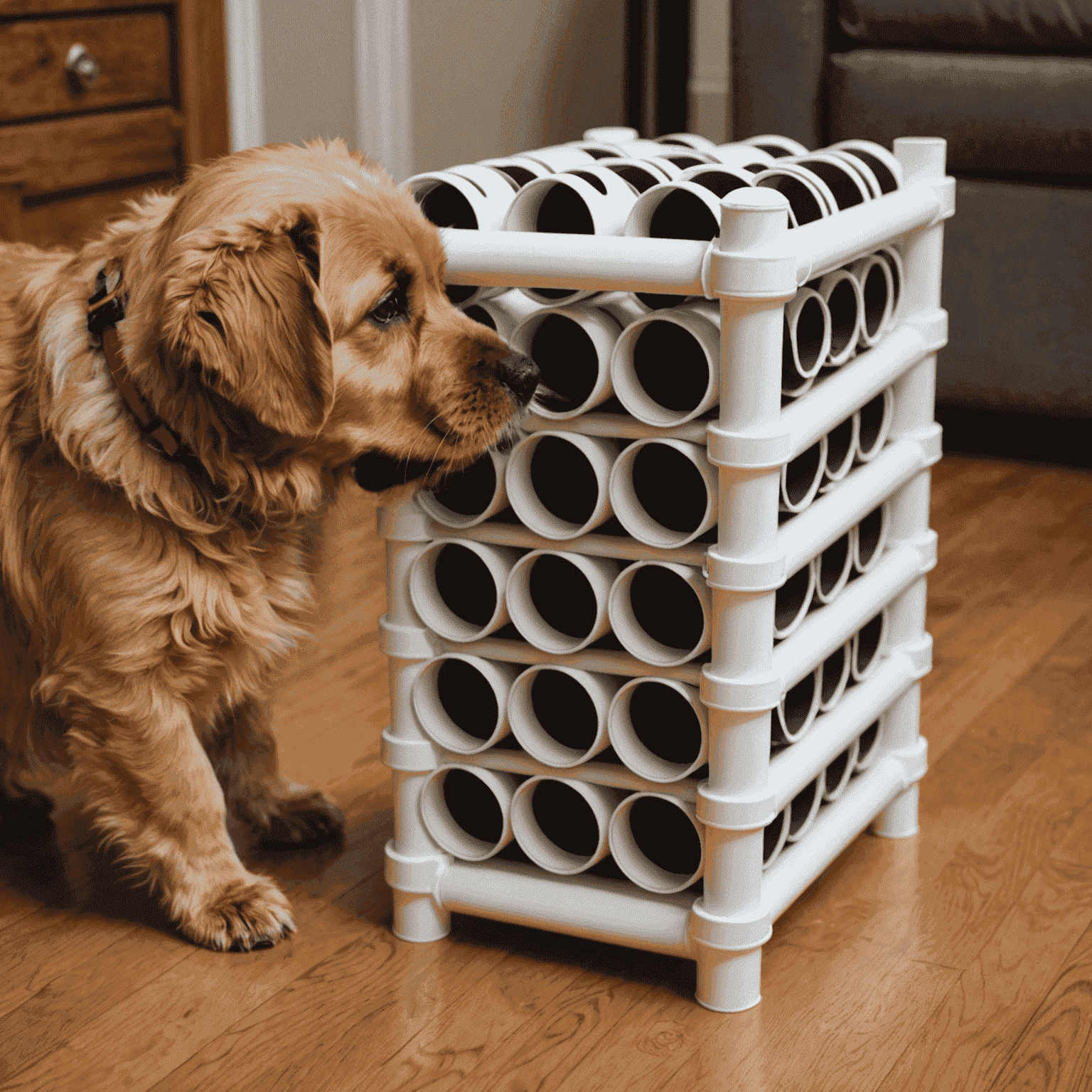 A homemade treat dispenser toy made from PVC pipes with holes for treats