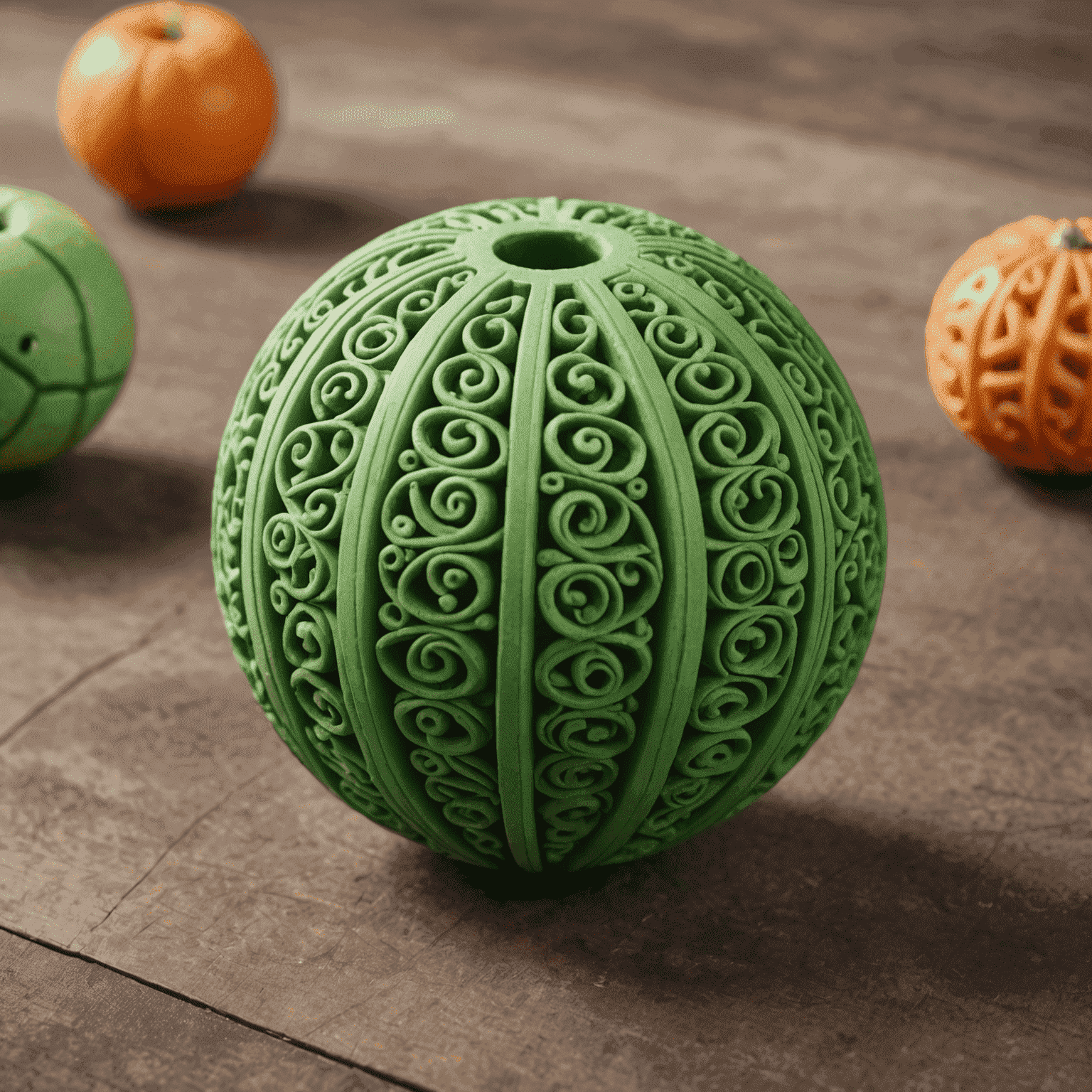 A green rubber ball with intricate patterns and a hollow center for treats