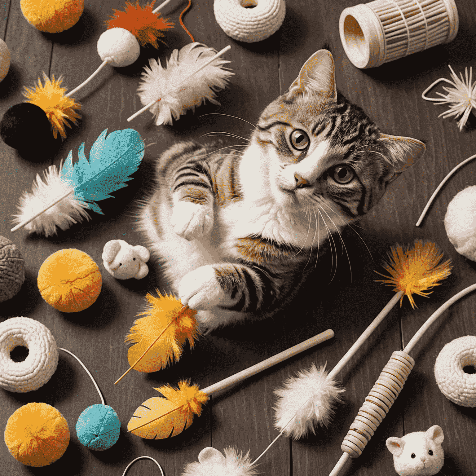 An assortment of cat toys including a feather wand, puzzle feeder, and small plush mice