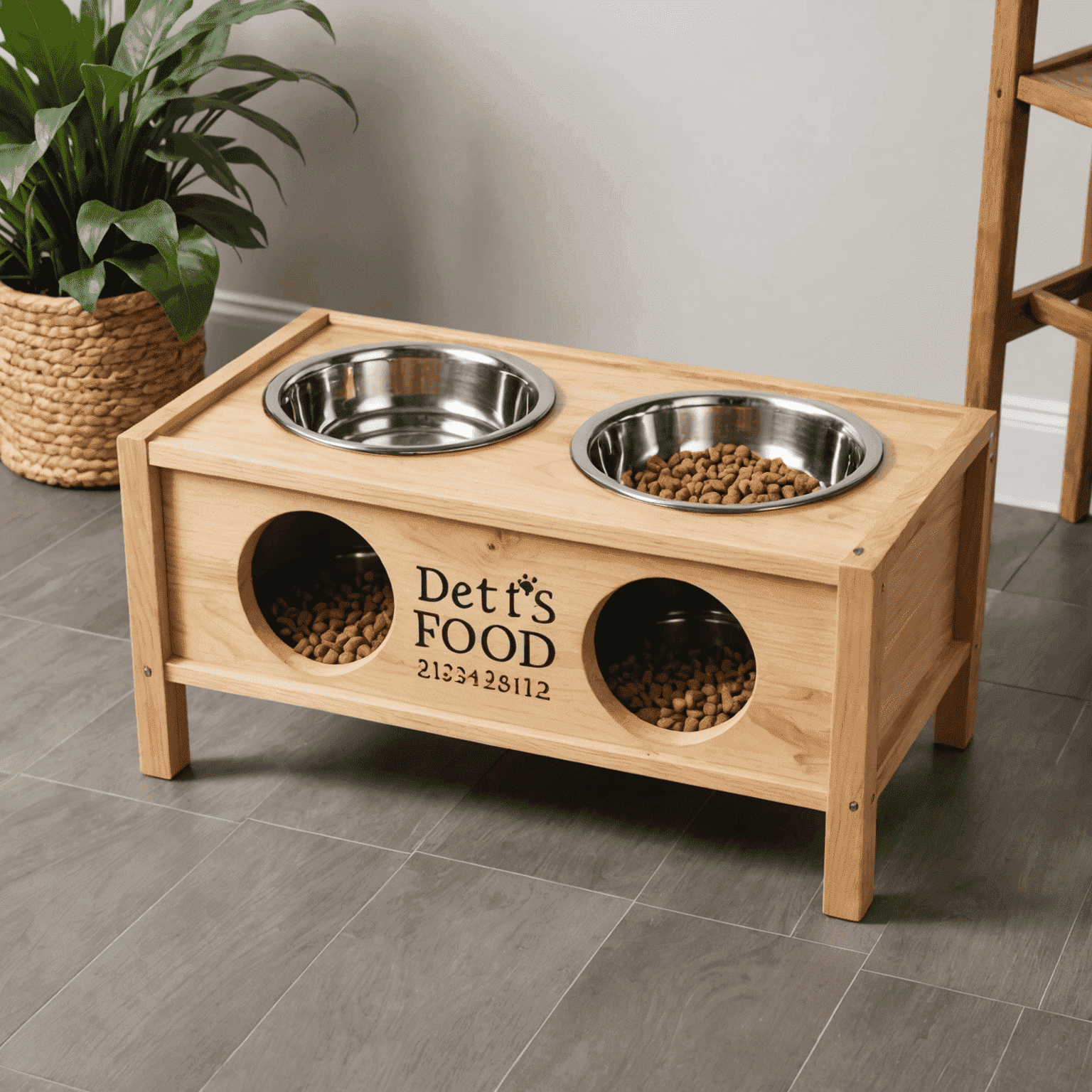 A wooden pet food station with raised bowls and the pet's name painted on it