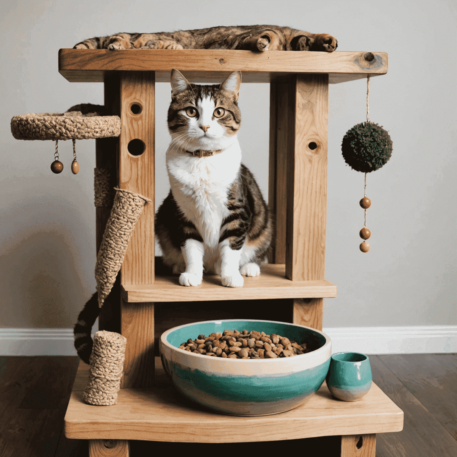 Handmade pet accessories including a customized collar, painted food bowl, and homemade cat tree