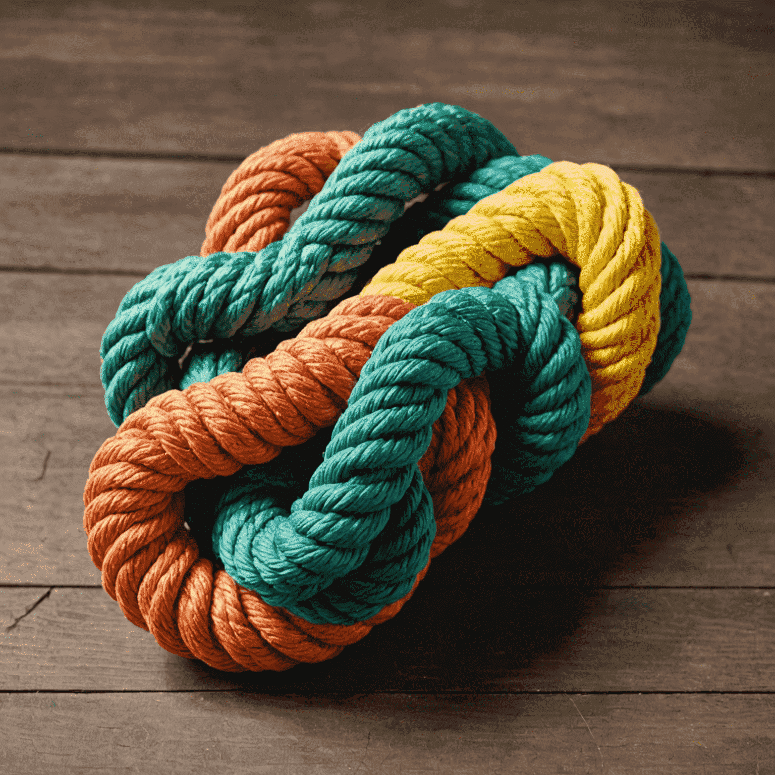 A thick, colorful rope toy with multiple knots for easy gripping