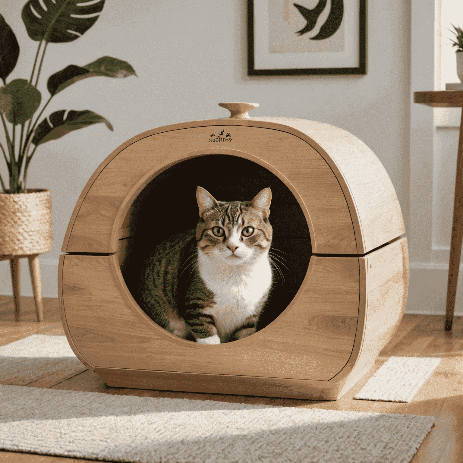 A modern, covered litter box with a cat exiting it