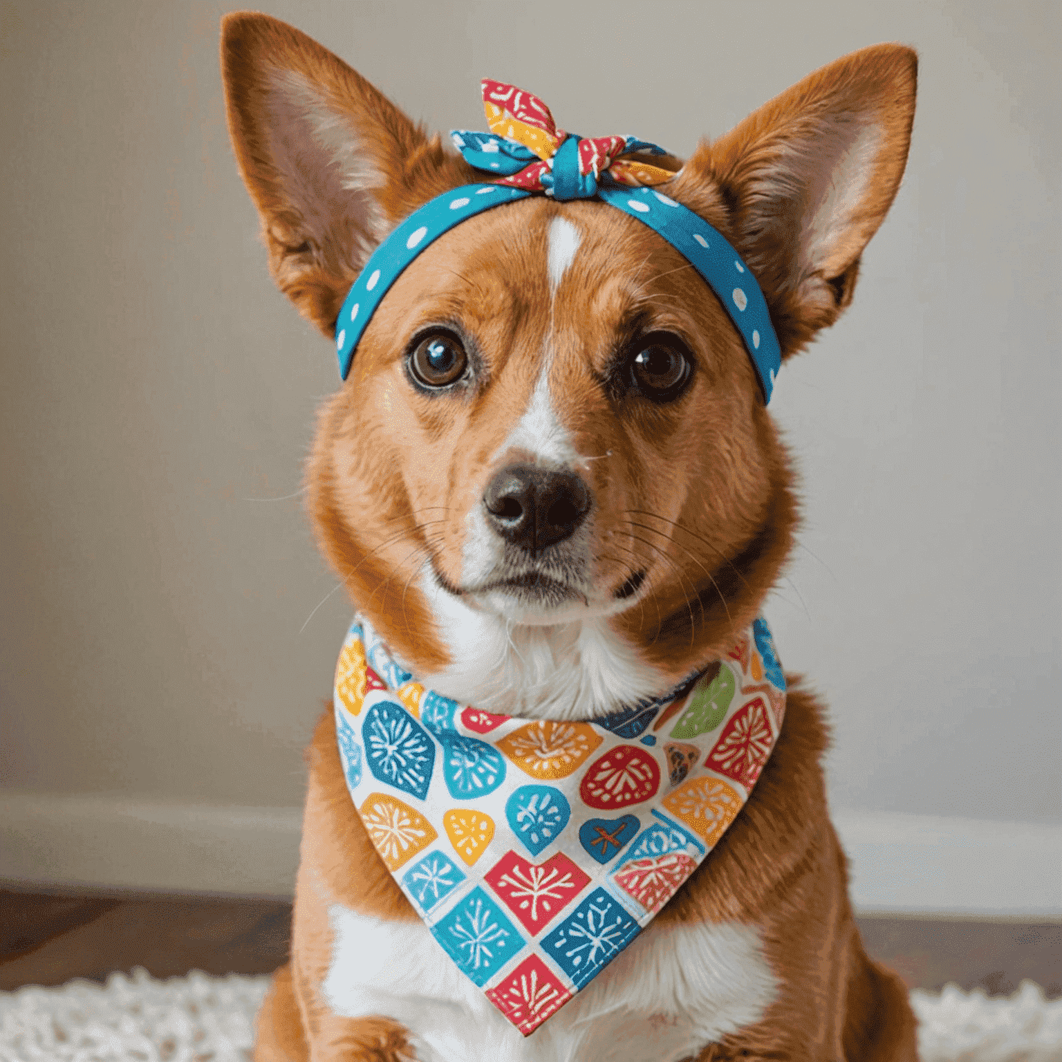 A cute pet wearing a colorful no-sew bandana with playful patterns