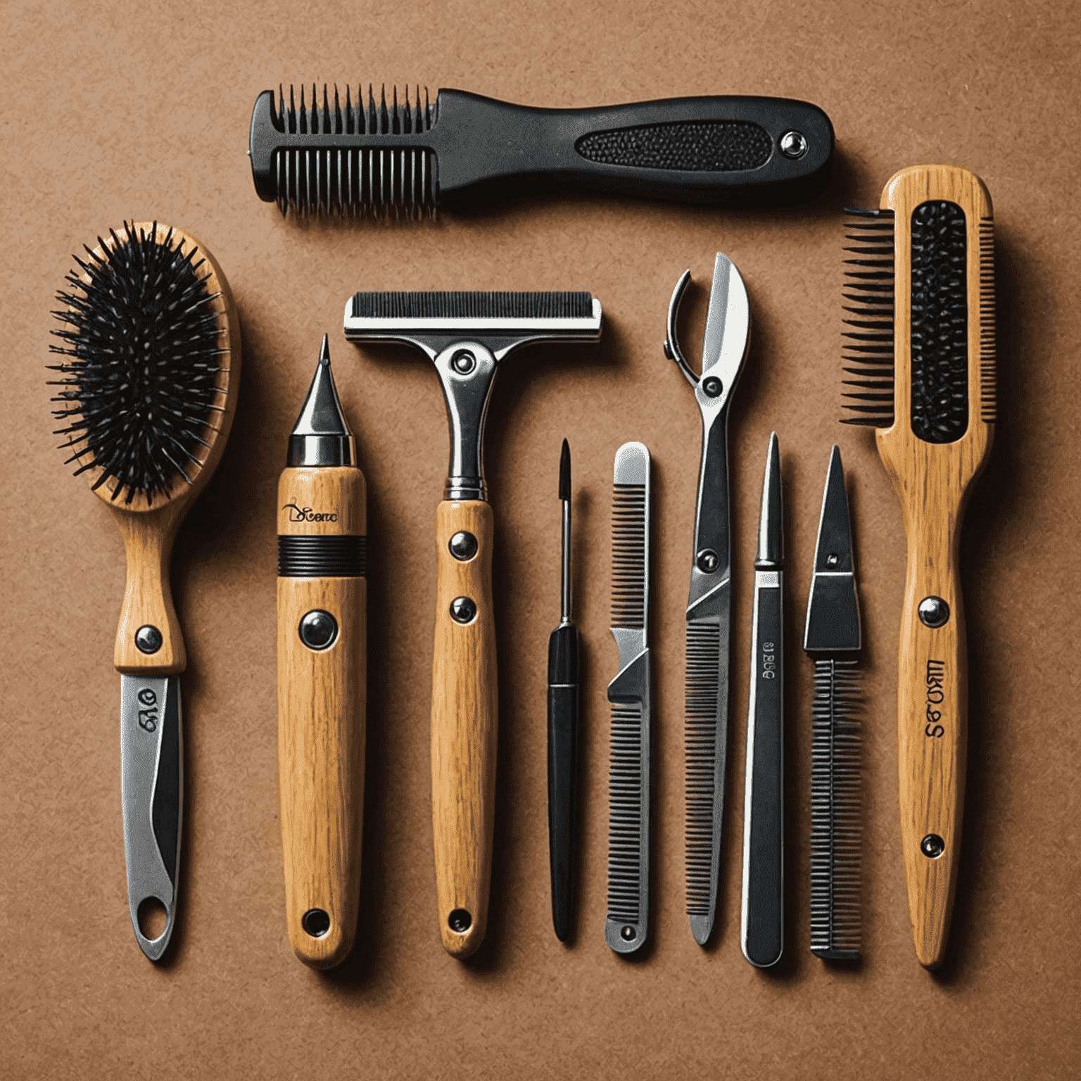 A set of cat grooming tools including a brush, nail clippers, and comb