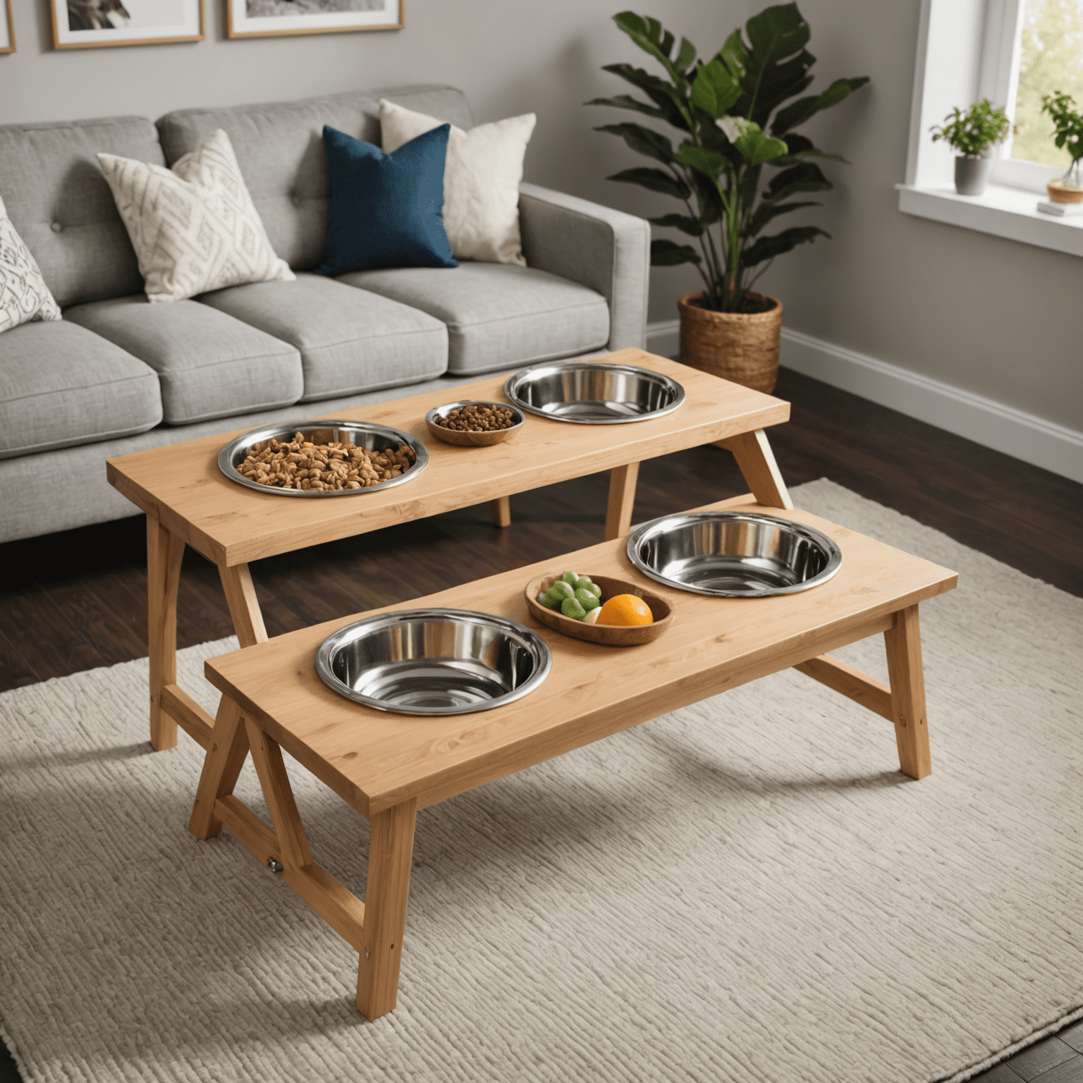 A stylish feeding station with elevated food and water bowls