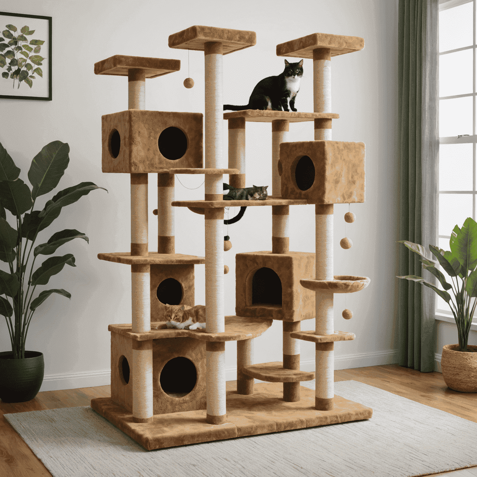 A large cat tree with multiple platforms, scratching posts, and a cat lounging on top